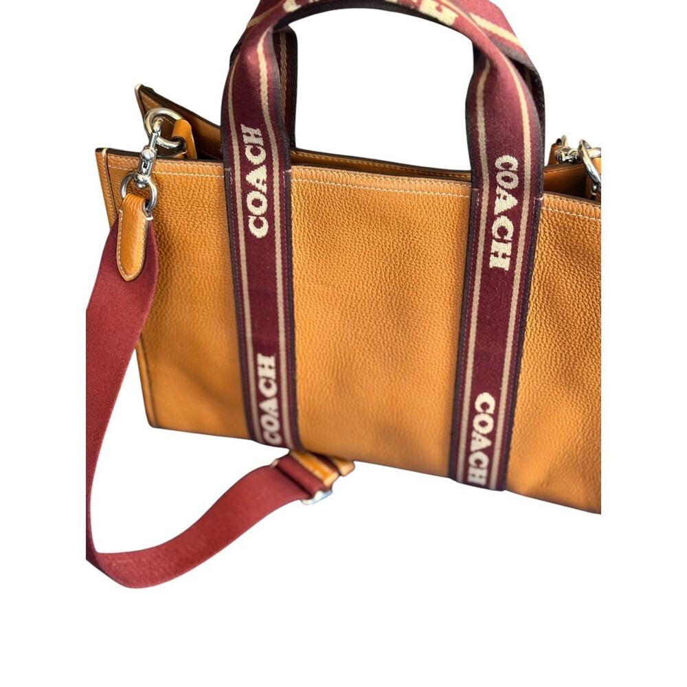 Coach Caramel Leather Tote with Burgundy Logo Webbing Strap